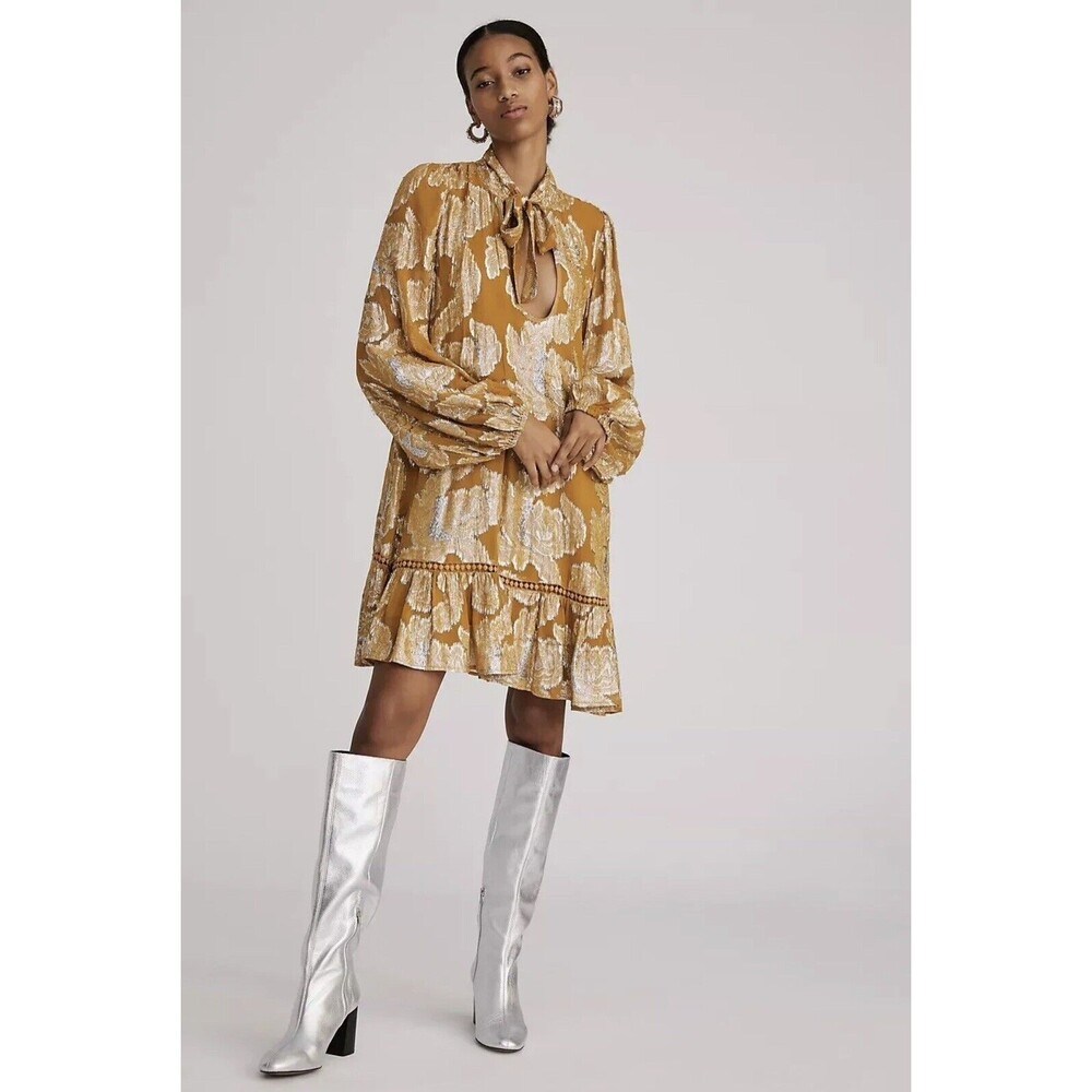 Anthropologie Maeve Dress Women’s XS Yellow/Silver Tie-Neck Metallic Tunic New